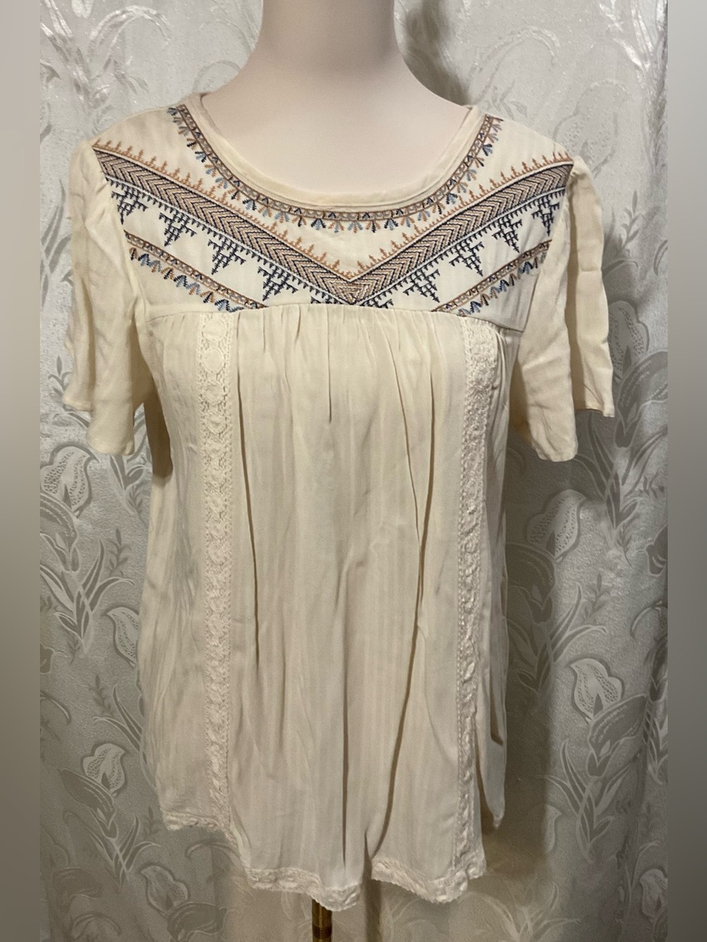 Knox Rose Cream Tunic with Navy and Tan Embroidery